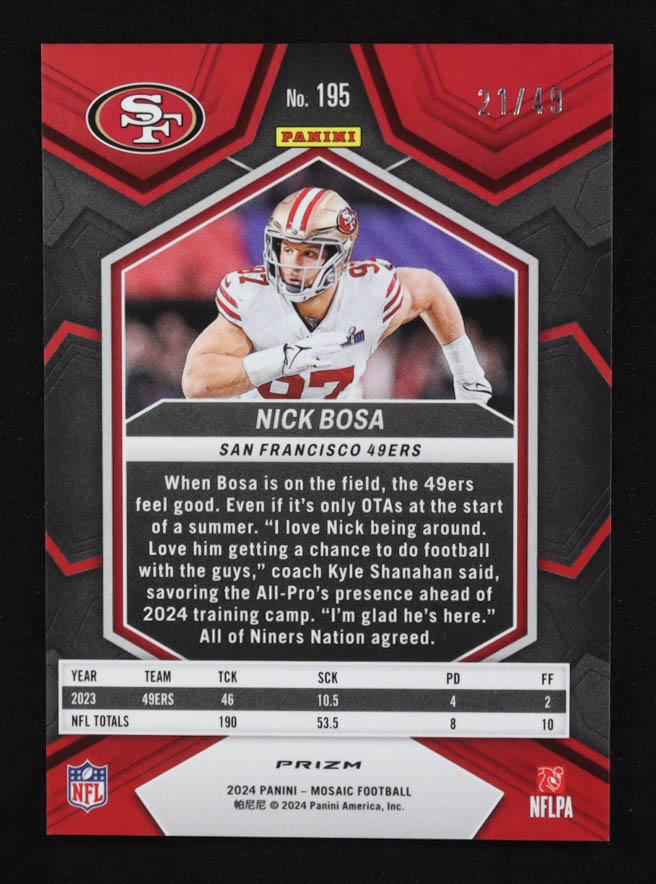 Nick Bosa 2024 Panini Purple Mosaic Prizm #195 #21/49 at PristineAuction.com Nick Bosa 2024 Panini Purple Mosaic Prizm #195 #21/49 at PristineAuction.com
