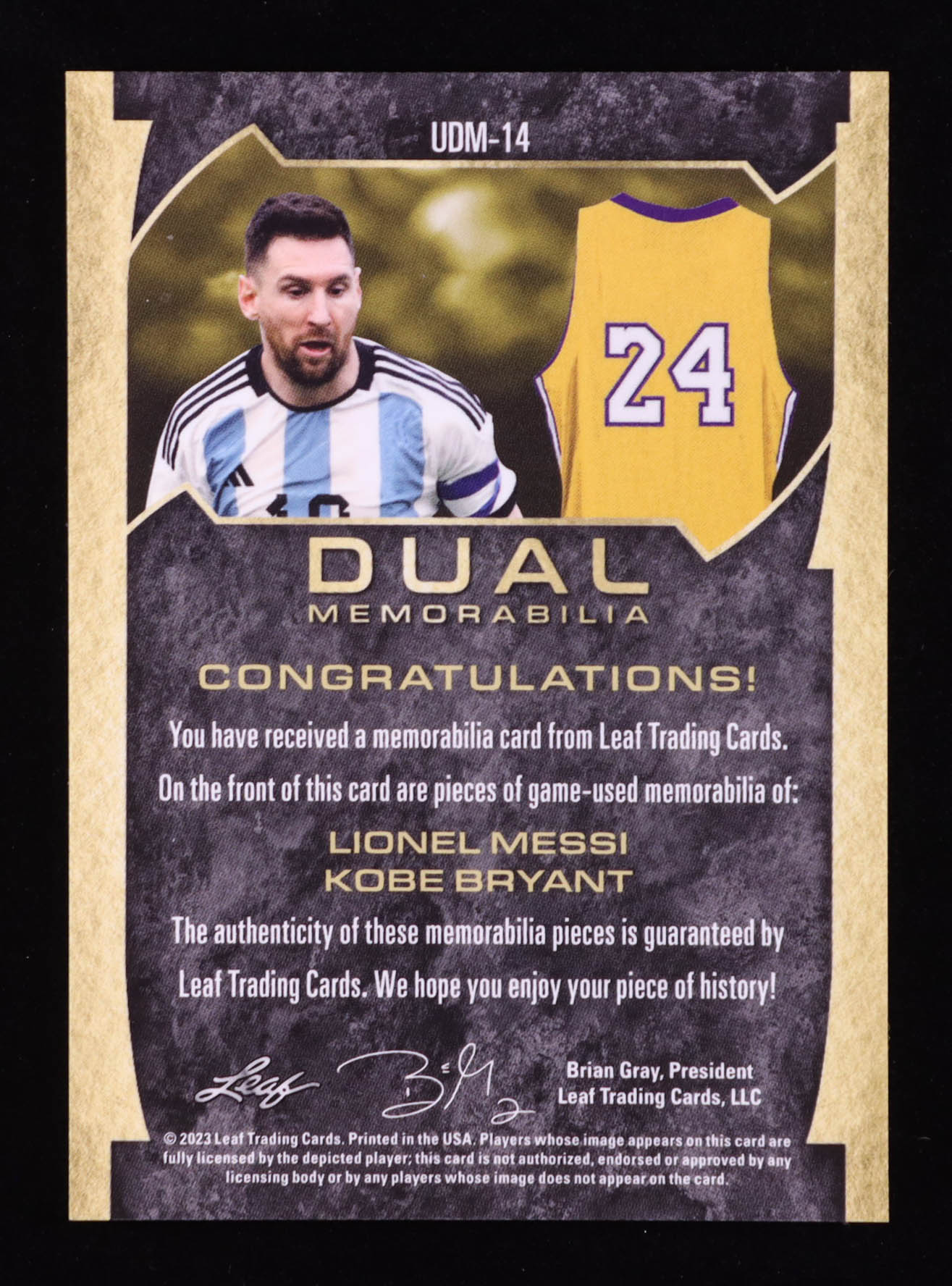 Lionel Messi / Kobe Bryant 2023 Leaf Ultimate Dual Memorabilia Gold #UDM14 #23/27 at PristineAuction.com Lionel Messi / Kobe Bryant 2023 Leaf Ultimate Dual Memorabilia Gold #UDM14 #23/27 at PristineAuction.com