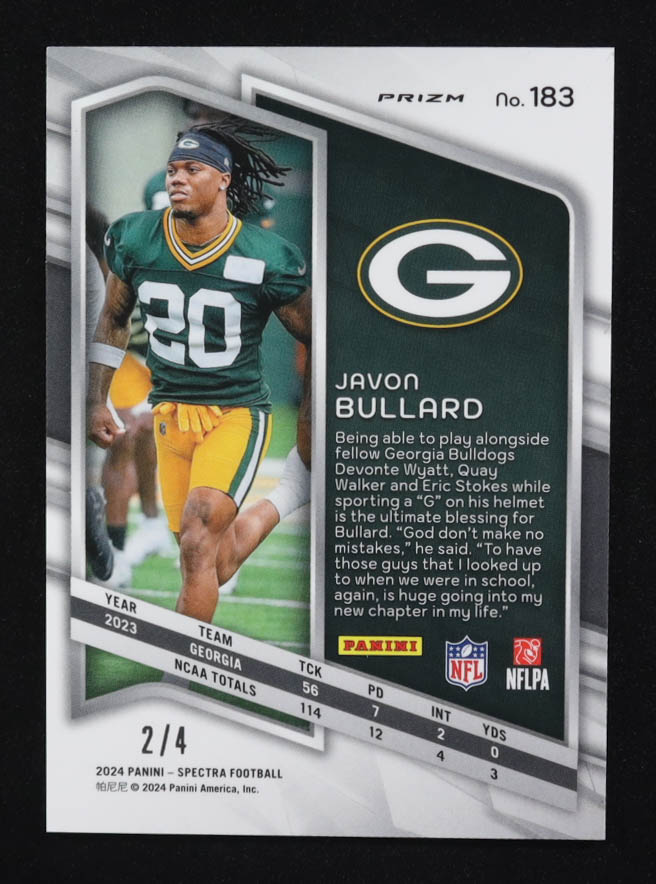 Javon Bullard 2024 Panini Spectra Prizm #183 RC #2/4 at PristineAuction.com Javon Bullard 2024 Panini Spectra Prizm #183 RC #2/4 at PristineAuction.com