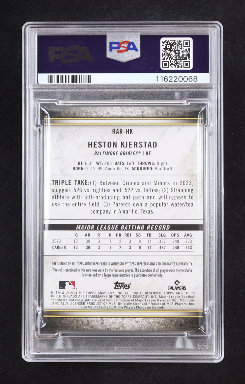 Heston Kjerstad 2024 Topps Triple Threads Rookie Autograph Relics #RARHK RC #18/99 (PSA Authentic | Auto Grade 10) at PristineAuction.com Heston Kjerstad 2024 Topps Triple Threads Rookie Autograph Relics #RARHK RC #18/99 (PSA Authentic | Auto Grade 10) at PristineAuction.com