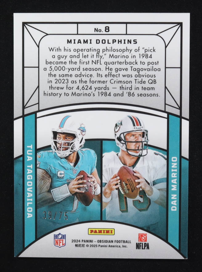 Tua Tagovailoa / Dan Marino 2024 Panini Obsidian Red Eclipsing Legends #8 #39/75 at PristineAuction.com Tua Tagovailoa / Dan Marino 2024 Panini Obsidian Red Eclipsing Legends #8 #39/75 at PristineAuction.com