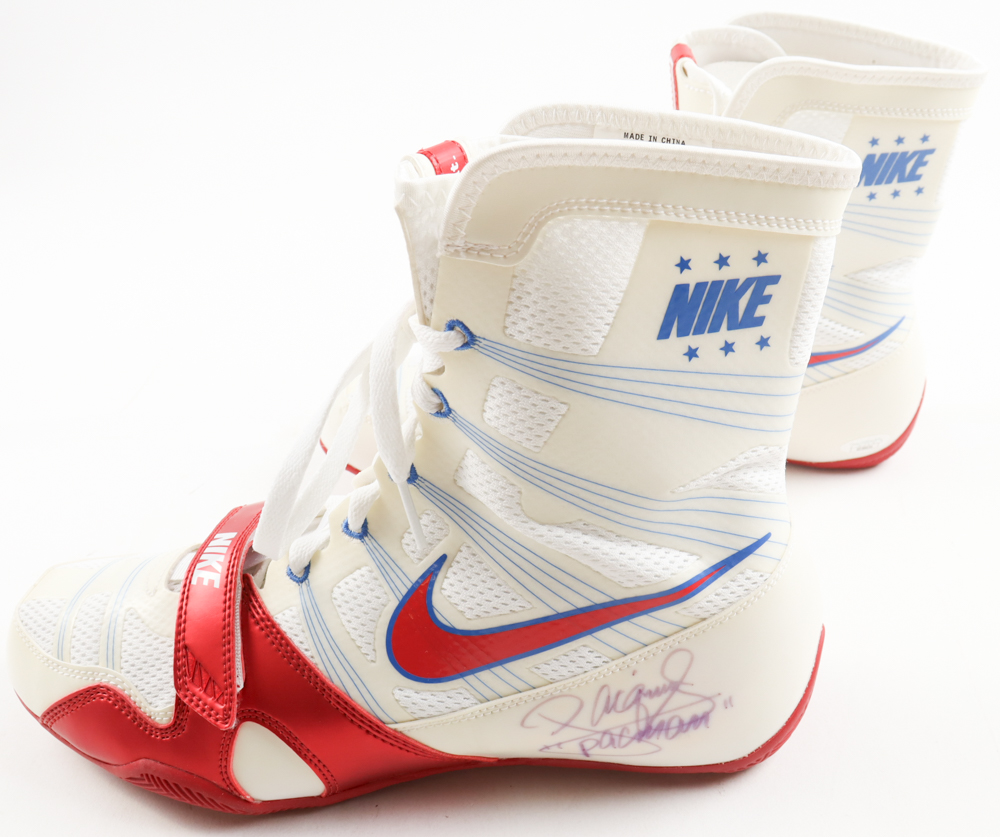 Manny Pacquiao Twice-Signed Pair of Nike Boxing Shoes Inscribed "Pacman" (JSA) at PristineAuction.com Manny Pacquiao Twice-Signed Pair of Nike Boxing Shoes Inscribed "Pacman" (JSA) at PristineAuction.com
