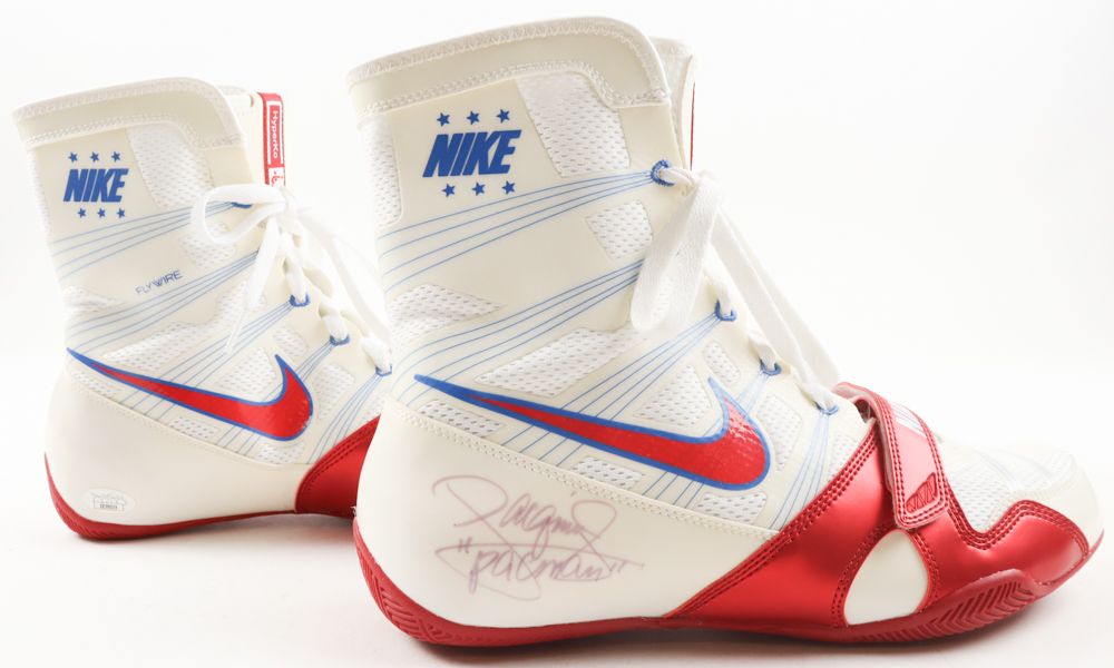 Manny Pacquiao Twice-Signed Pair of Nike Boxing Shoes Inscribed "Pacman" (JSA) at PristineAuction.com Manny Pacquiao Twice-Signed Pair of Nike Boxing Shoes Inscribed "Pacman" (JSA) at PristineAuction.com