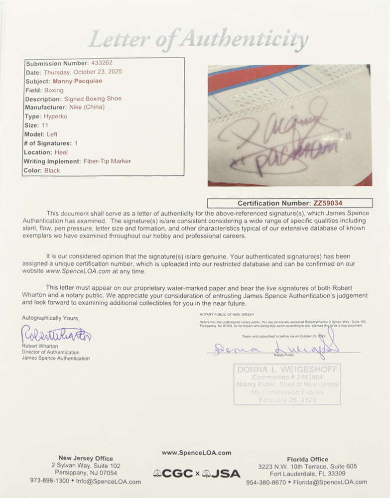 Manny Pacquiao Twice-Signed Pair of Nike Boxing Shoes Inscribed "Pacman" (JSA) at PristineAuction.com Manny Pacquiao Twice-Signed Pair of Nike Boxing Shoes Inscribed "Pacman" (JSA) at PristineAuction.com