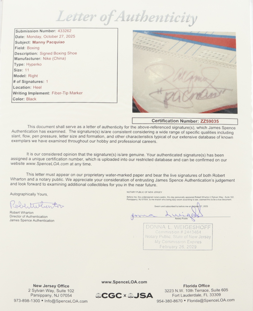 Manny Pacquiao Twice-Signed Pair of Nike Boxing Shoes Inscribed "Pacman" (JSA) at PristineAuction.com Manny Pacquiao Twice-Signed Pair of Nike Boxing Shoes Inscribed "Pacman" (JSA) at PristineAuction.com