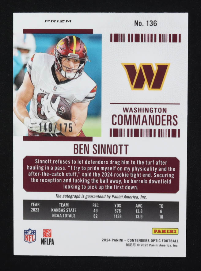 Ben Sinnott 2024 Panini Contenders Optic Prizm Rookie Ticket Autographs #136 RC #149/175 at PristineAuction.com Ben Sinnott 2024 Panini Contenders Optic Prizm Rookie Ticket Autographs #136 RC #149/175 at PristineAuction.com