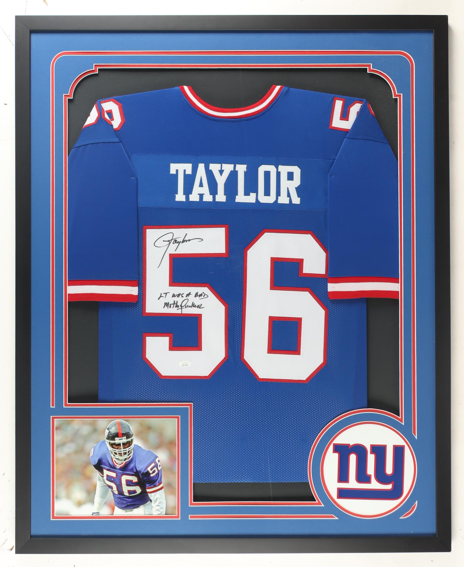 Lawrence Taylor Signed Custom Framed Jersey Display Inscribed "LT Was A Bad Motherf****" (JSA) at PristineAuction.com Lawrence Taylor Signed Custom Framed Jersey Display Inscribed "LT Was A Bad Motherf****" (JSA) at PristineAuction.com