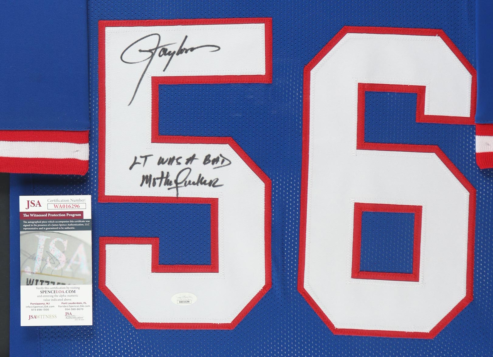 Lawrence Taylor Signed Custom Framed Jersey Display Inscribed "LT Was A Bad Motherf****" (JSA) at PristineAuction.com Lawrence Taylor Signed Custom Framed Jersey Display Inscribed "LT Was A Bad Motherf****" (JSA) at PristineAuction.com