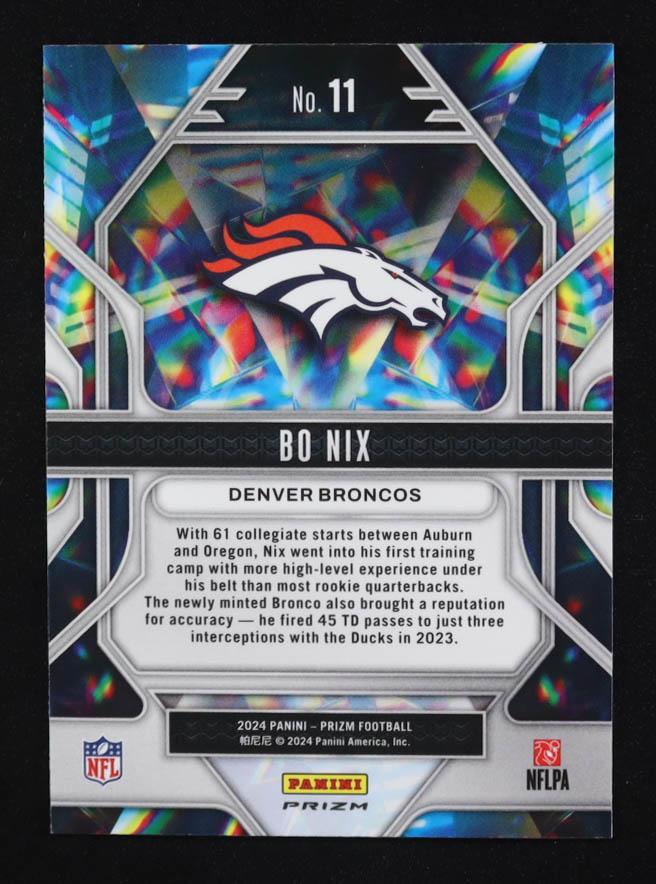 Bo Nix 2024 Panini Prizm No Huddle Prizmatic #11 RC at PristineAuction.com Bo Nix 2024 Panini Prizm No Huddle Prizmatic #11 RC at PristineAuction.com