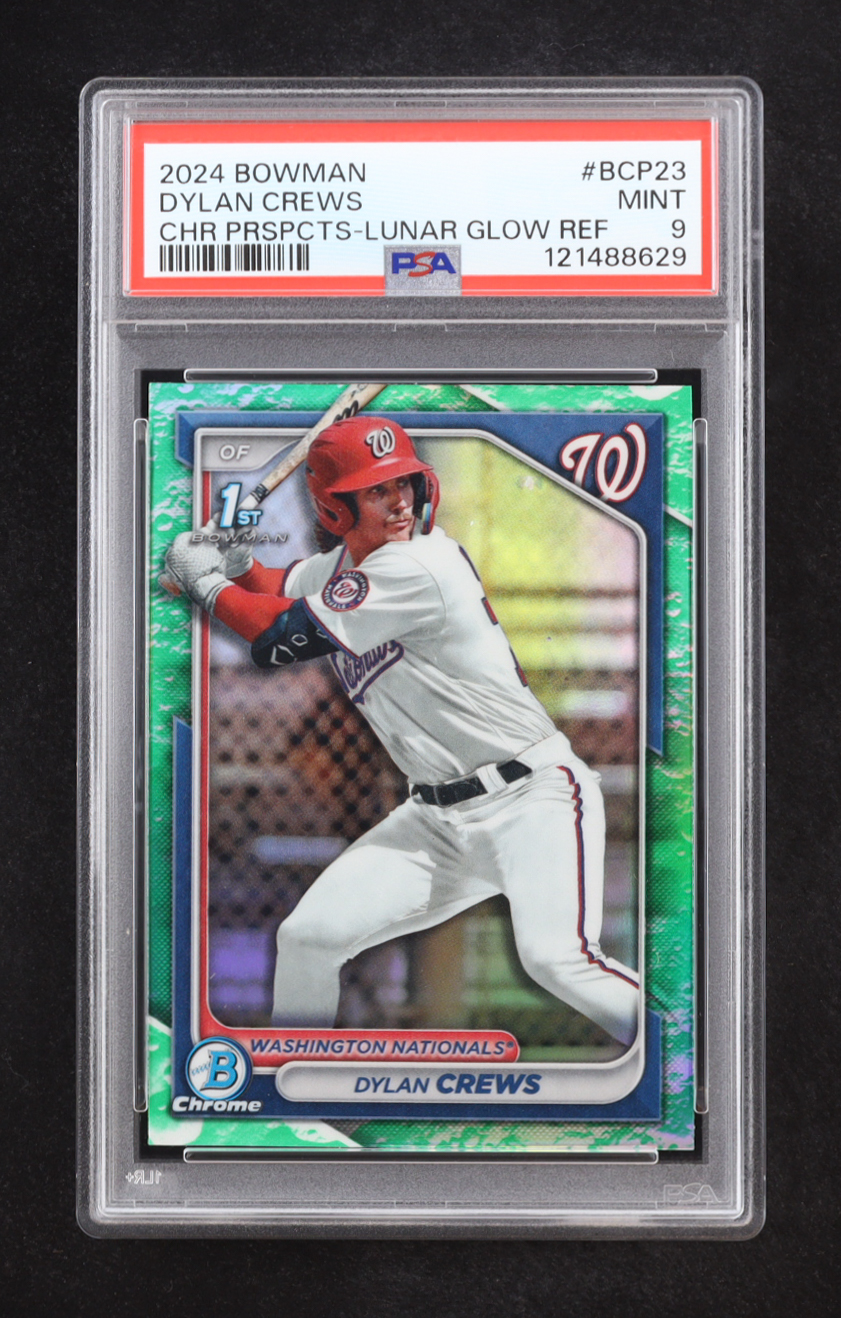 Dylan Crews 2024 Bowman Chrome Prospects Lunar Glow Refractor #BCP23 RC (PSA 9) at PristineAuction.com Dylan Crews 2024 Bowman Chrome Prospects Lunar Glow Refractor #BCP23 RC (PSA 9) at PristineAuction.com