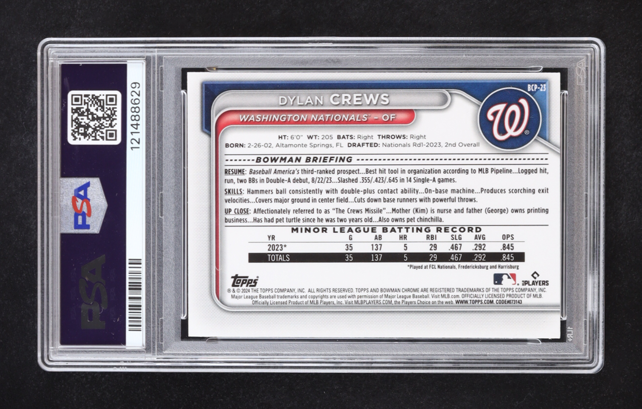 Dylan Crews 2024 Bowman Chrome Prospects Lunar Glow Refractor #BCP23 RC (PSA 9) at PristineAuction.com Dylan Crews 2024 Bowman Chrome Prospects Lunar Glow Refractor #BCP23 RC (PSA 9) at PristineAuction.com