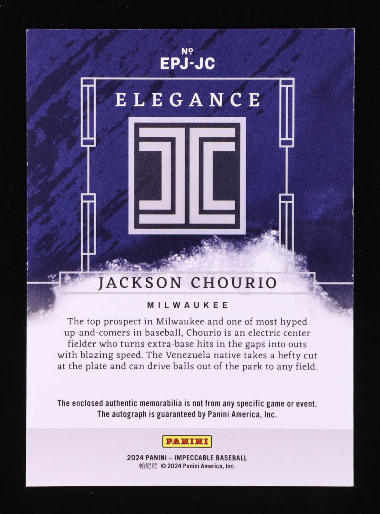 Jackson Chourio 2024 Panini Impeccable Elegance Prospect Jersey Autographs #59 RC #50/99 at PristineAuction.com Jackson Chourio 2024 Panini Impeccable Elegance Prospect Jersey Autographs #59 RC #50/99 at PristineAuction.com