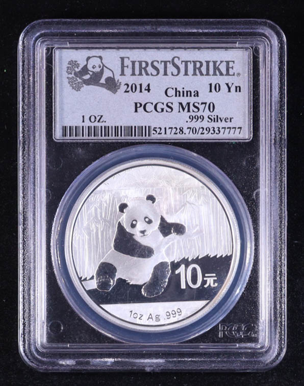 2014 China Silver Panda ¥10, First Strike - 1 Ounce .999 Fine Silver Coin (PCGS MS70) at PristineAuction.com 2014 China Silver Panda ¥10, First Strike - 1 Ounce .999 Fine Silver Coin (PCGS MS70) at PristineAuction.com