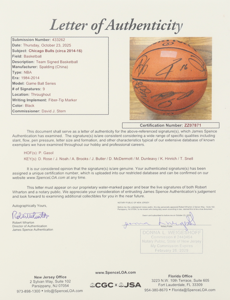 2014-16 Chicago Bulls Basketball Team-Signed by (9) with Jimmy Butler, Pau Gasol, Derrick Rose, Joakim Noah (JSA) at PristineAuction.com 2014-16 Chicago Bulls Basketball Team-Signed by (9) with Jimmy Butler, Pau Gasol, Derrick Rose, Joakim Noah (JSA) at PristineAuction.com