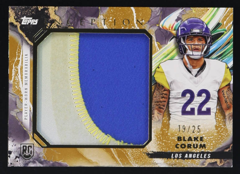 Blake Corum 2024 Topps Inception Rookie Jumbo Relics Gold #RJRBC #19/25 RC at PristineAuction.com Blake Corum 2024 Topps Inception Rookie Jumbo Relics Gold #RJRBC #19/25 RC at PristineAuction.com