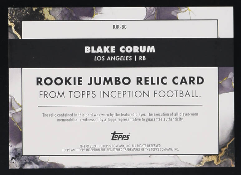 Blake Corum 2024 Topps Inception Rookie Jumbo Relics Gold #RJRBC #19/25 RC at PristineAuction.com Blake Corum 2024 Topps Inception Rookie Jumbo Relics Gold #RJRBC #19/25 RC at PristineAuction.com