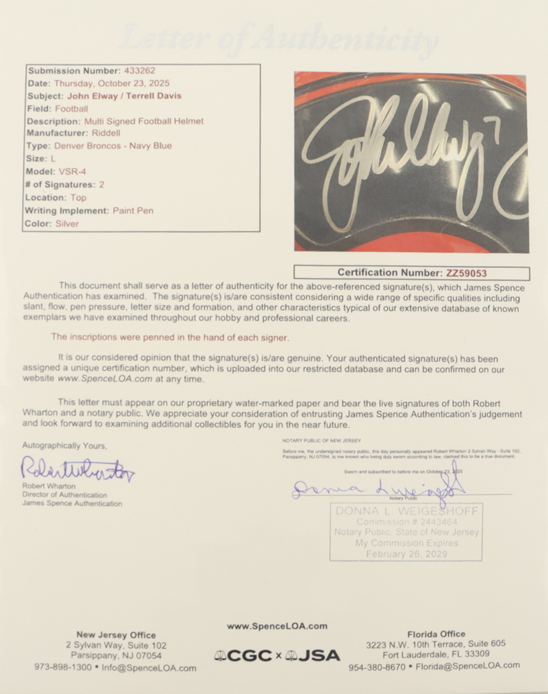 John Elway & Terrell Davis Signed Broncos Full-Size Authentic On-Field Helmet (JSA) at PristineAuction.com John Elway & Terrell Davis Signed Broncos Full-Size Authentic On-Field Helmet (JSA) at PristineAuction.com
