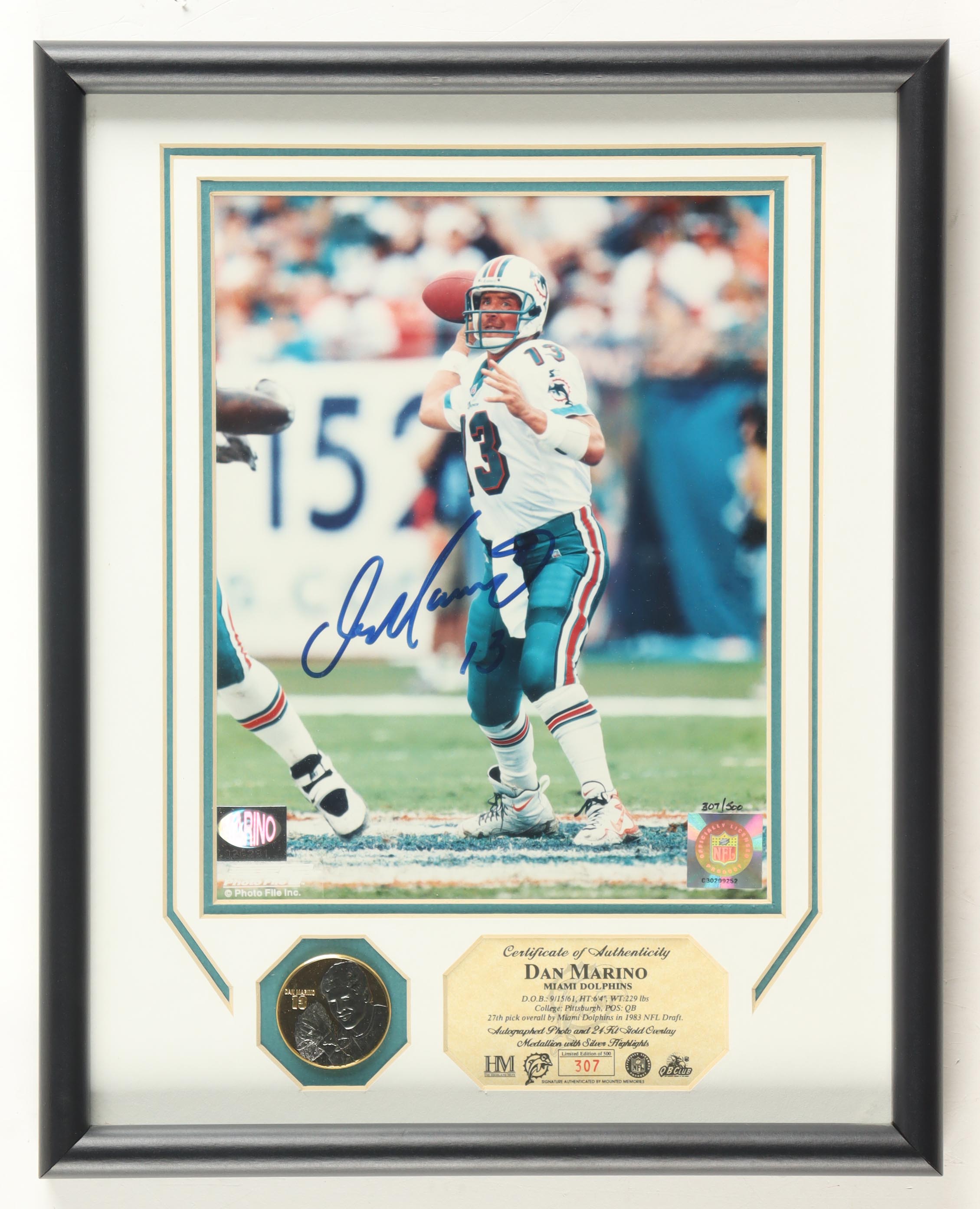 Dan Marino Signed LE Dolphins Custom Framed Photo Display With 24kt Gold Overlay & Silver Highlights Medallion (Marino) at PristineAuction.com Dan Marino Signed LE Dolphins Custom Framed Photo Display With 24kt Gold Overlay & Silver Highlights Medallion (Marino) at PristineAuction.com