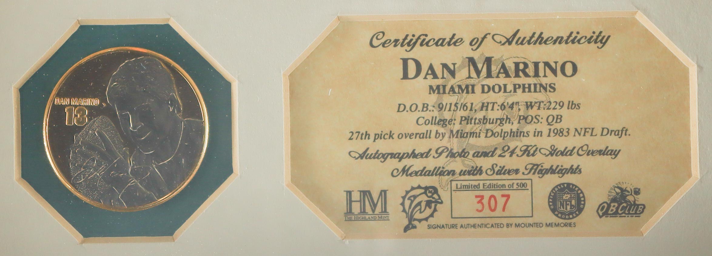 Dan Marino Signed LE Dolphins Custom Framed Photo Display With 24kt Gold Overlay & Silver Highlights Medallion (Marino) at PristineAuction.com Dan Marino Signed LE Dolphins Custom Framed Photo Display With 24kt Gold Overlay & Silver Highlights Medallion (Marino) at PristineAuction.com