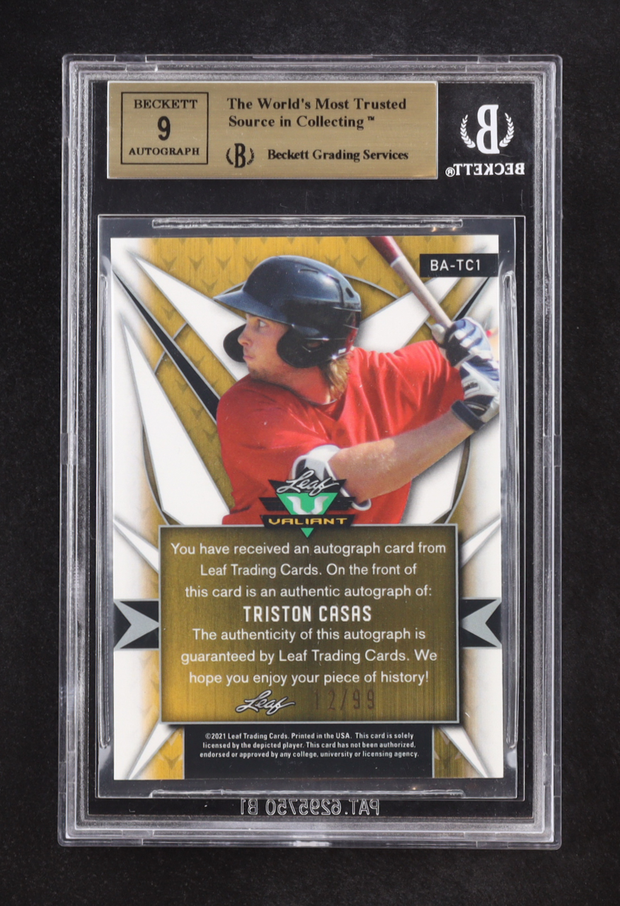 Triston Casas 2021 Leaf Valiant Autograph Orange #BATC1 #12/99 RC (BGS 9.5 | Auto Grade 9) at PristineAuction.com Triston Casas 2021 Leaf Valiant Autograph Orange #BATC1 #12/99 RC (BGS 9.5 | Auto Grade 9) at PristineAuction.com