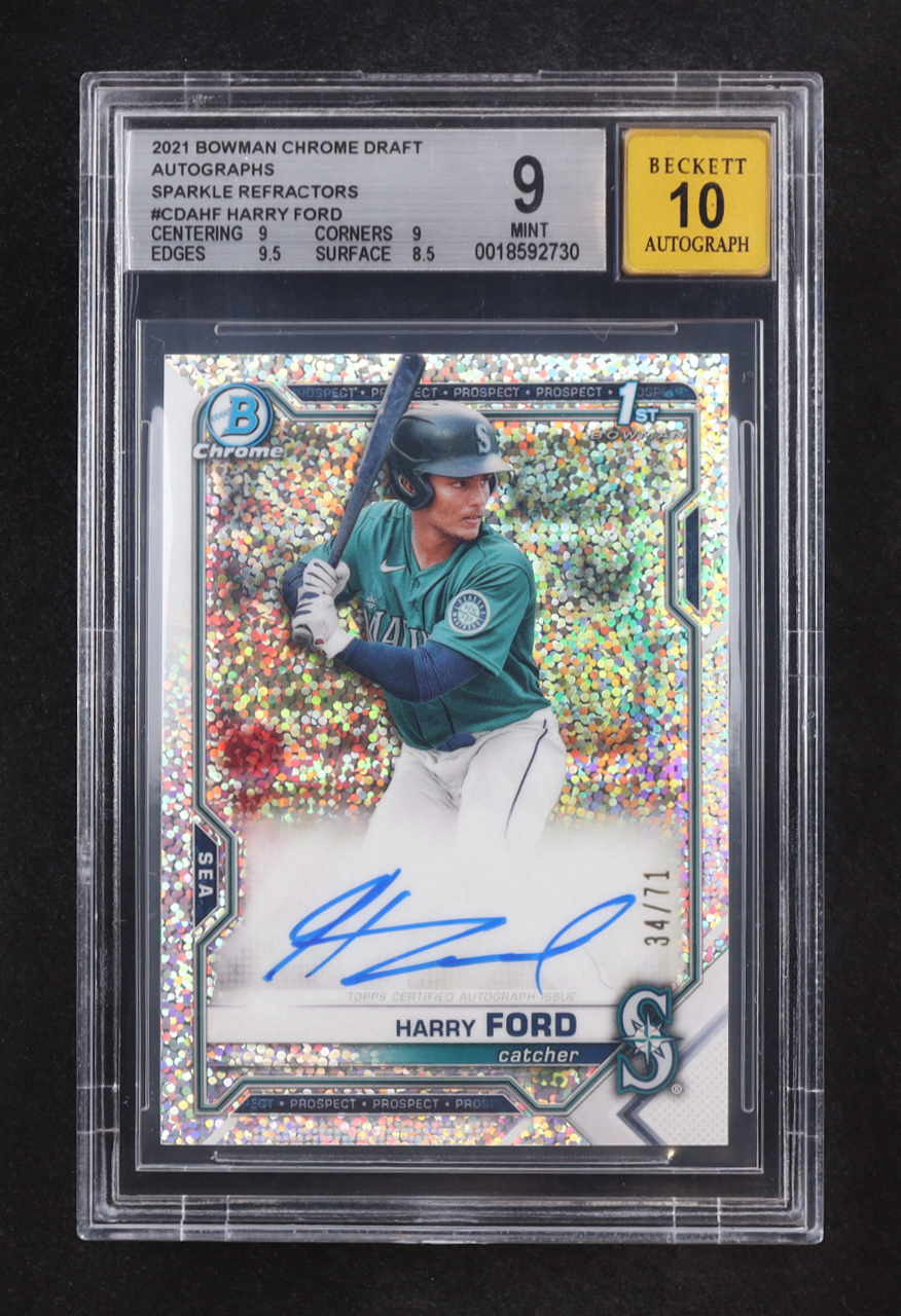 Harry Ford 2021 Bowman Chrome Draft Autograph Sparkle Refractors #CDAHF #34/71 RC (BGS 9 | Auto Grade 10) at PristineAuction.com Harry Ford 2021 Bowman Chrome Draft Autograph Sparkle Refractors #CDAHF #34/71 RC (BGS 9 | Auto Grade 10) at PristineAuction.com