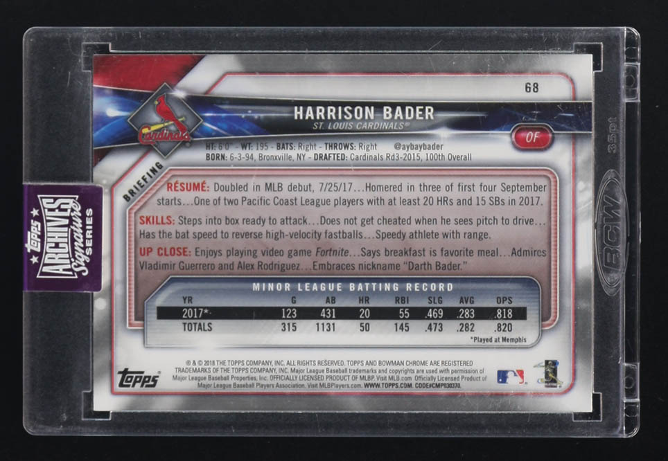 Harrison Bader 2018 Topps Archives Signatures Series Bowman Chrome Auto #68 RC at PristineAuction.com Harrison Bader 2018 Topps Archives Signatures Series Bowman Chrome Auto #68 RC at PristineAuction.com
