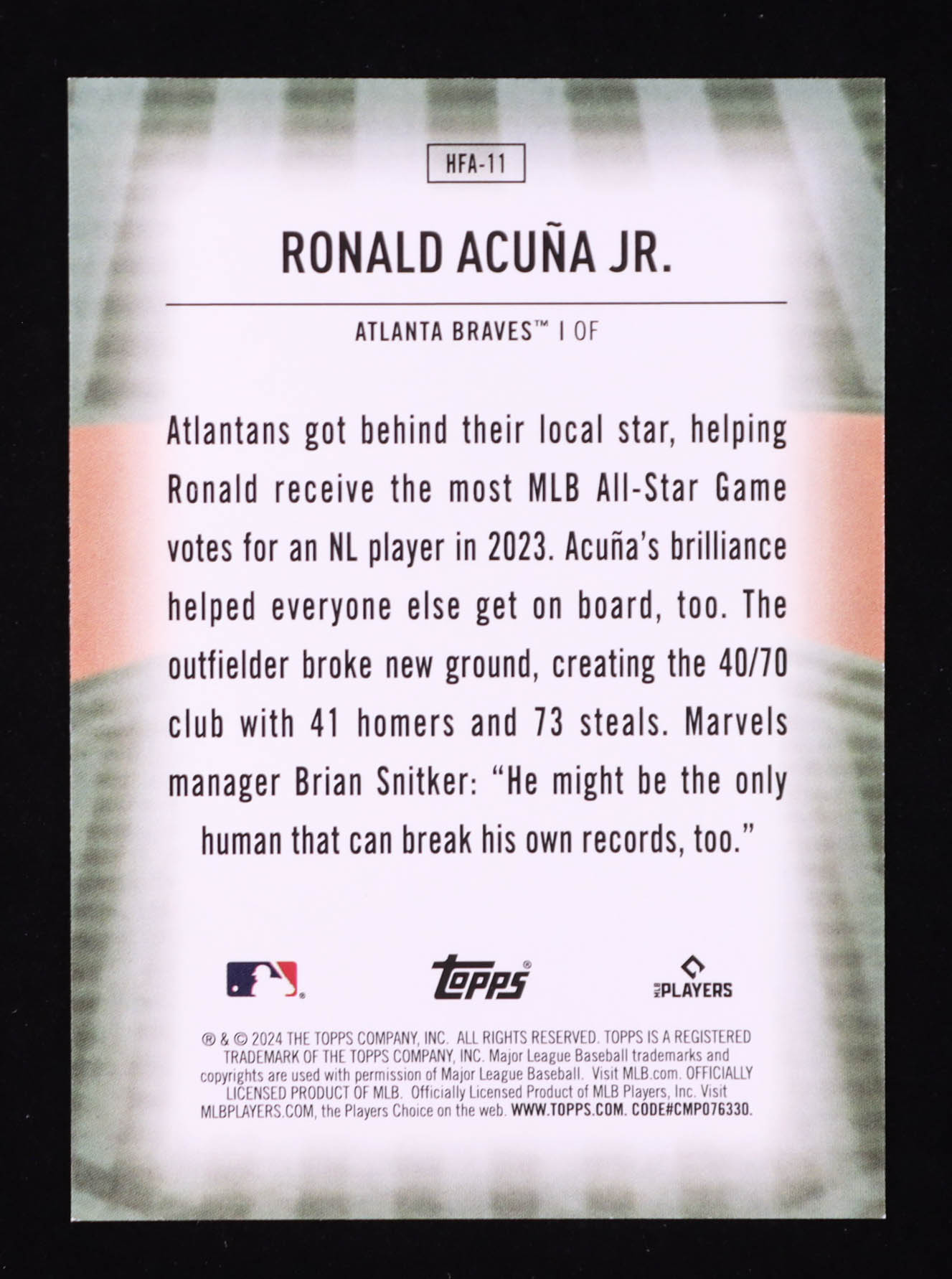 Ronald Acuna Jr. 2024 Topps Home Field Advantage #HFA11 at PristineAuction.com Ronald Acuna Jr. 2024 Topps Home Field Advantage #HFA11 at PristineAuction.com