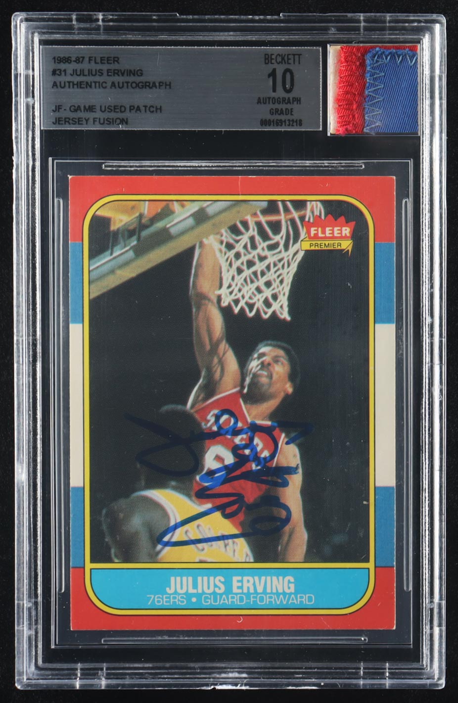 Julius Erving Signed 1986-87 Fleer #31 with Jersey Fusion Game-Used Patch (BGS | Auto Grade 10) at PristineAuction.com Julius Erving Signed 1986-87 Fleer #31 with Jersey Fusion Game-Used Patch (BGS | Auto Grade 10) at PristineAuction.com