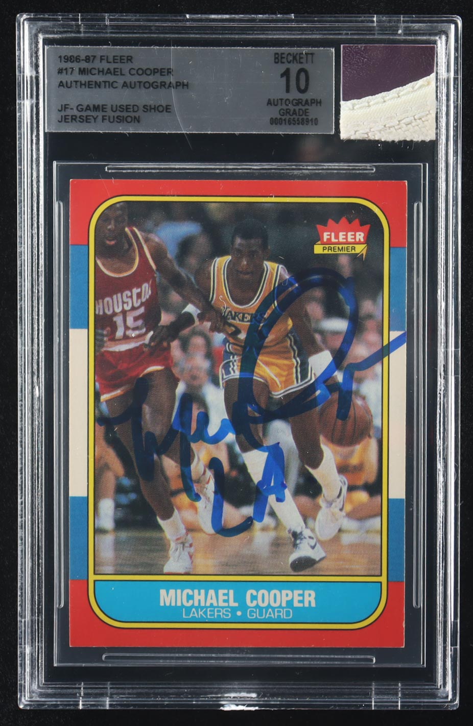 Michael Cooper Signed 1986-87 Fleer #17 Inscribed "LA" with Jersey Fusion Game-Used Shoe Piece (BGS | Auto Grade 10) at PristineAuction.com Michael Cooper Signed 1986-87 Fleer #17 Inscribed "LA" with Jersey Fusion Game-Used Shoe Piece (BGS | Auto Grade 10) at PristineAuction.com