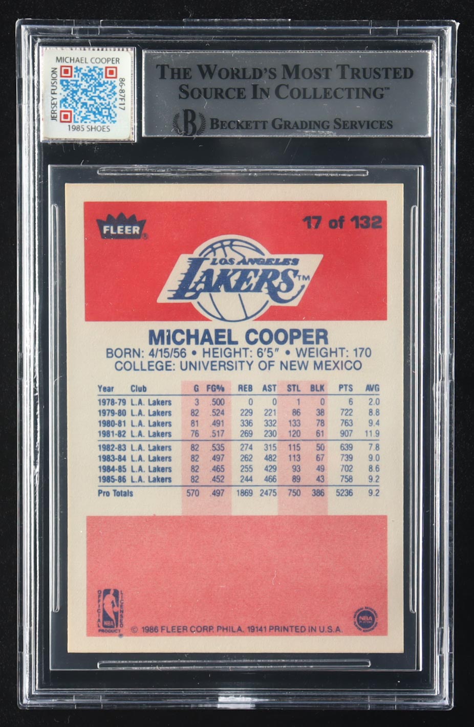 Michael Cooper Signed 1986-87 Fleer #17 Inscribed "LA" with Jersey Fusion Game-Used Shoe Piece (BGS | Auto Grade 10) at PristineAuction.com Michael Cooper Signed 1986-87 Fleer #17 Inscribed "LA" with Jersey Fusion Game-Used Shoe Piece (BGS | Auto Grade 10) at PristineAuction.com
