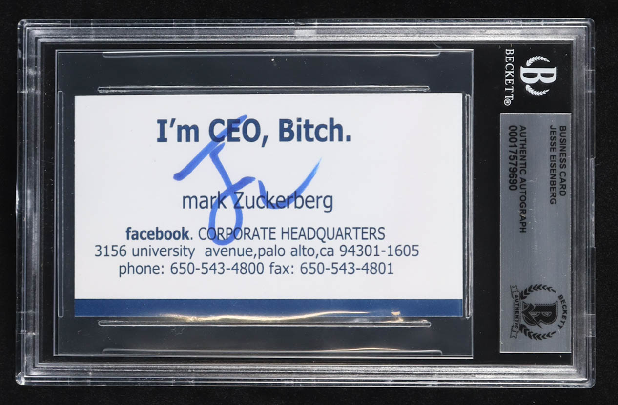 Jesse Eisenberg Signed "The Social Network" Facebook Business Card (BGS) at PristineAuction.com Jesse Eisenberg Signed "The Social Network" Facebook Business Card (BGS) at PristineAuction.com