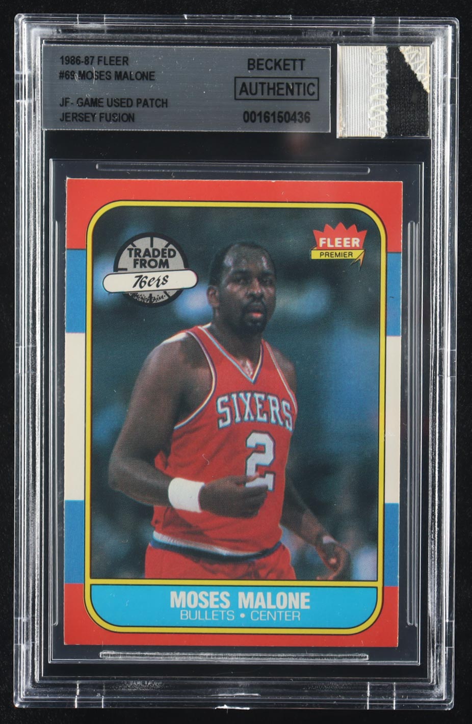 Moses Malone 1986-87 Fleer #69 with Jersey Fusion Game-Used Patch (Beckett Authentic) at PristineAuction.com Moses Malone 1986-87 Fleer #69 with Jersey Fusion Game-Used Patch (Beckett Authentic) at PristineAuction.com