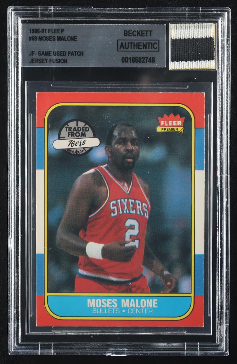 Moses Malone 1986-87 Fleer #69 with Jersey Fusion Game-Used Patch (Beckett Authentic) at PristineAuction.com Moses Malone 1986-87 Fleer #69 with Jersey Fusion Game-Used Patch (Beckett Authentic) at PristineAuction.com