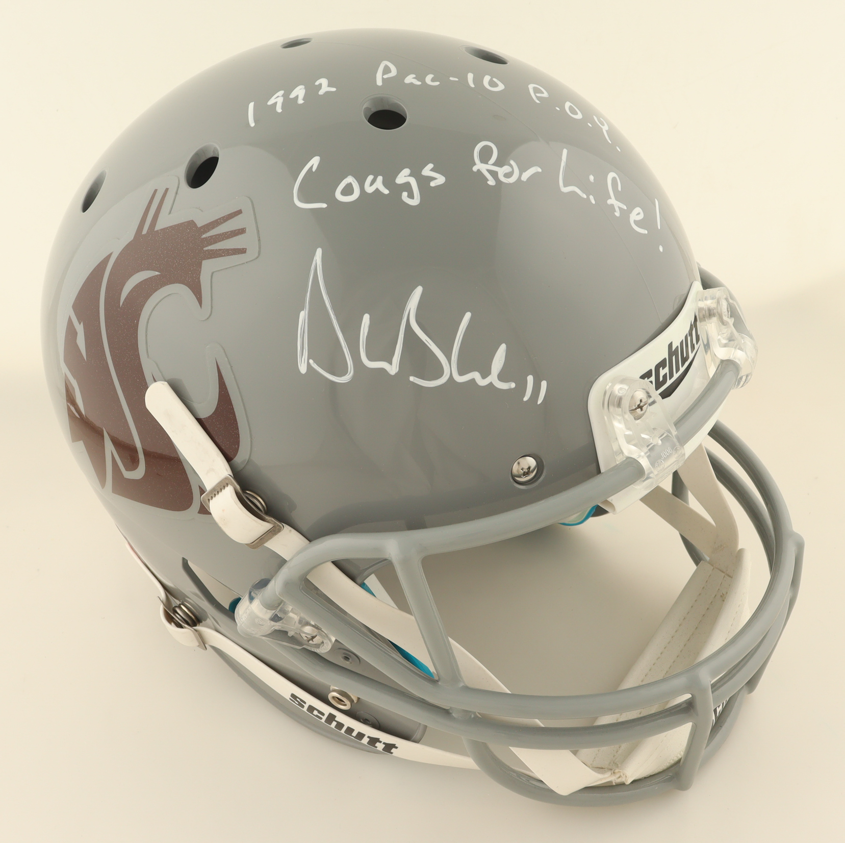 Drew Bledsoe Signed Washington Cougars Full-Size Helmet Inscribed "Cougs for Life" & "1992 Pac-10 P.O.Y." (PSA) at PristineAuction.com Drew Bledsoe Signed Washington Cougars Full-Size Helmet Inscribed "Cougs for Life" & "1992 Pac-10 P.O.Y." (PSA) at PristineAuction.com