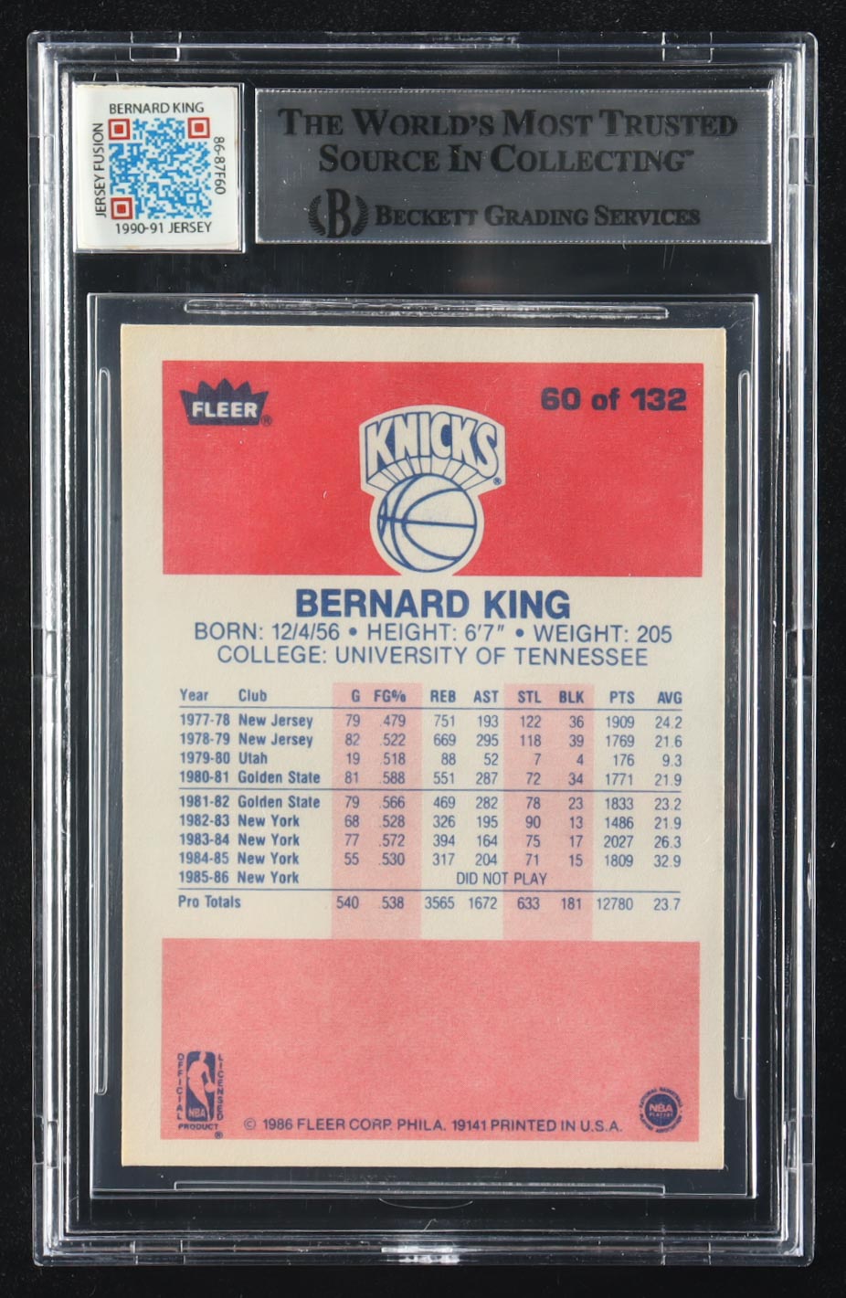 Bernard King Signed 1986-87 Fleer #60 with Jersey Fusion Game-Used Patch Inscribed "HOF 2013" (BGS | Auto Grade 10) at PristineAuction.com Bernard King Signed 1986-87 Fleer #60 with Jersey Fusion Game-Used Patch Inscribed "HOF 2013" (BGS | Auto Grade 10) at PristineAuction.com