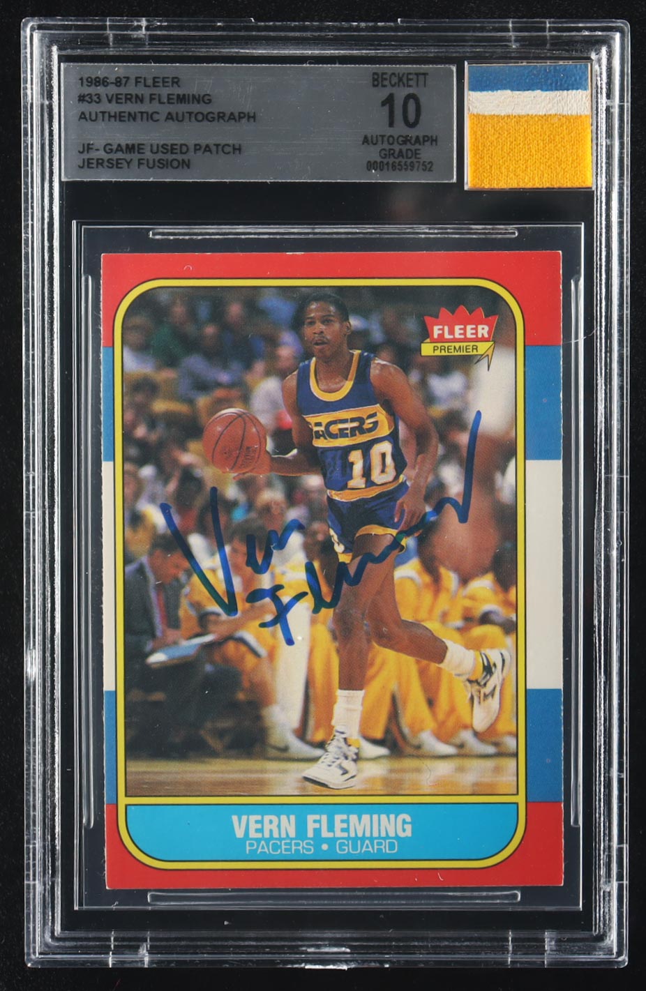 Vern Fleming Signed 1986-87 Fleer Auto #33 RC with Game-Used Jersey Patch (Beckett | Auto Grade 10) at PristineAuction.com Vern Fleming Signed 1986-87 Fleer Auto #33 RC with Game-Used Jersey Patch (Beckett | Auto Grade 10) at PristineAuction.com
