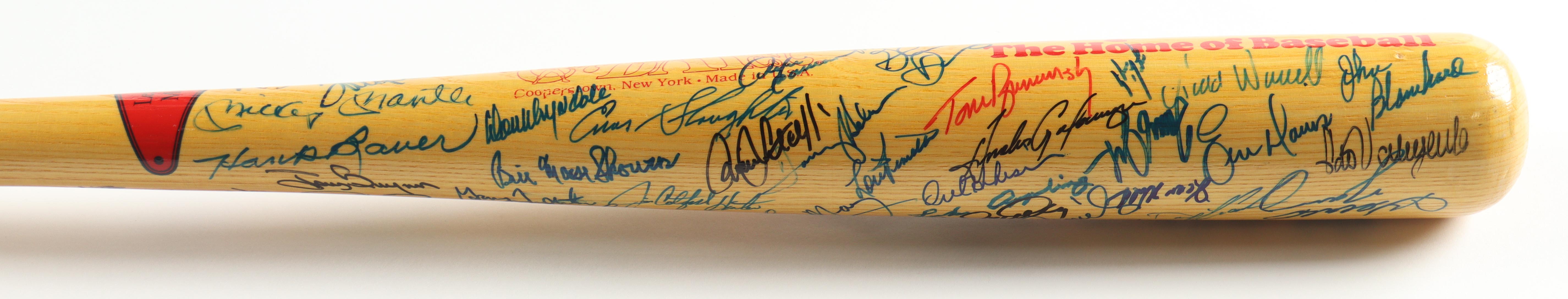 Baseball Hall of Famers & Stars Cooperstown Etched Baseball Bat Signed by (64) with Mickey Mantle, Barry Bonds, Tony Gwynn, Yogi Berra (JSA) at PristineAuction.com Baseball Hall of Famers & Stars Cooperstown Etched Baseball Bat Signed by (64) with Mickey Mantle, Barry Bonds, Tony Gwynn, Yogi Berra (JSA) at PristineAuction.com