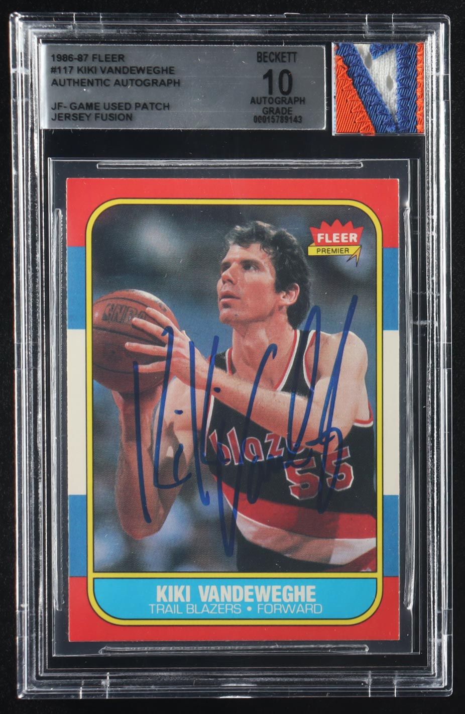 Kiki Vandeweghe Signed 1986-87 Fleer #117 RC with Game-Used Jersey Patch (BGS | Auto Grade 10) at PristineAuction.com Kiki Vandeweghe Signed 1986-87 Fleer #117 RC with Game-Used Jersey Patch (BGS | Auto Grade 10) at PristineAuction.com