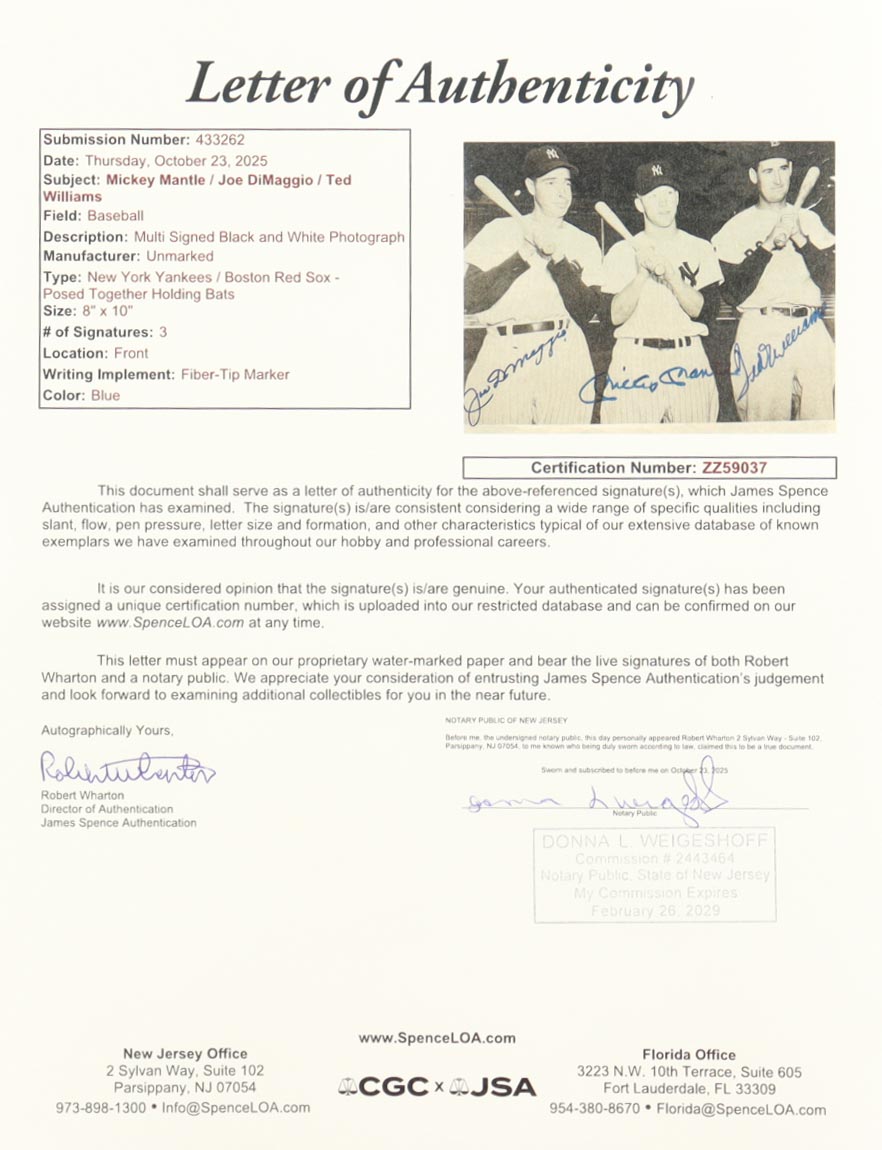 Mickey Mantle, Ted Williams & Joe DiMaggio Signed 8x10 Photo (JSA) at PristineAuction.com Mickey Mantle, Ted Williams & Joe DiMaggio Signed 8x10 Photo (JSA) at PristineAuction.com