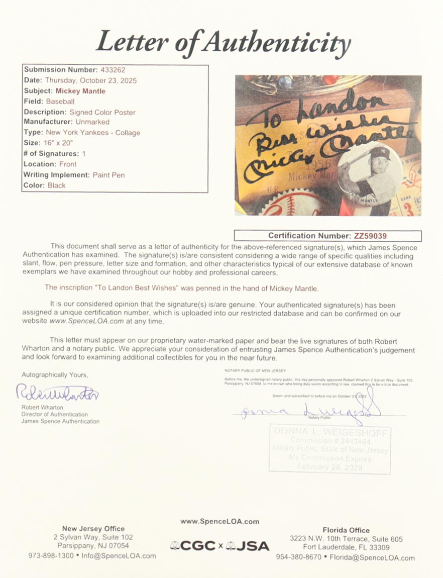 Mickey Mantle Signed Yankees 22x28 Poster Inscribed "Best Wishes" (JSA) at PristineAuction.com Mickey Mantle Signed Yankees 22x28 Poster Inscribed "Best Wishes" (JSA) at PristineAuction.com