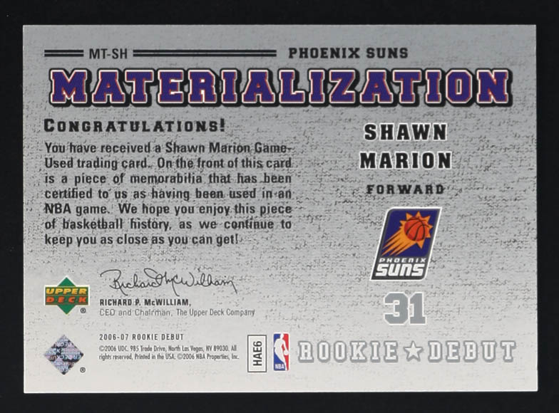 Shawn Marion 2006-07 Upper Deck Rookie Debut Materialization Memorabilia #MT-SH RC at PristineAuction.com Shawn Marion 2006-07 Upper Deck Rookie Debut Materialization Memorabilia #MT-SH RC at PristineAuction.com