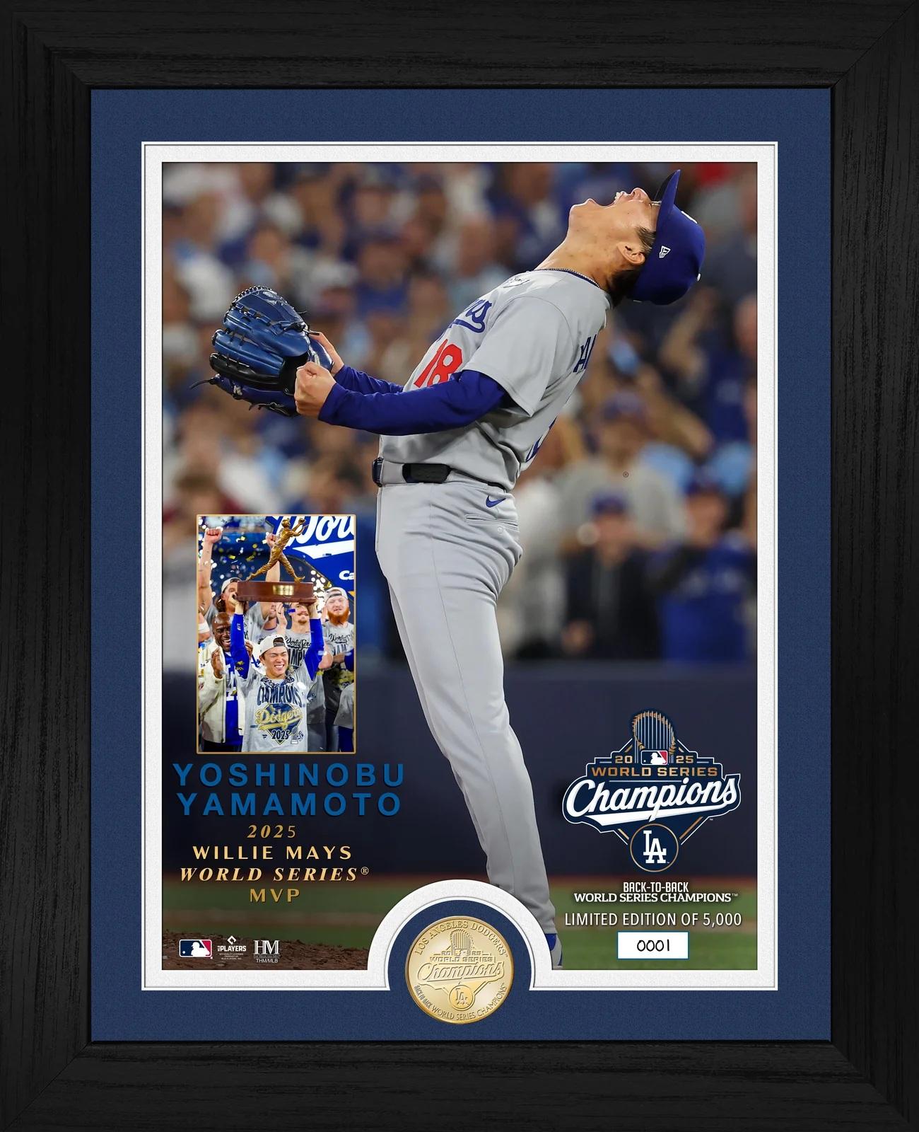 Yoshinobu Yamamoto Dodgers WS MVP LE Custom Framed Photo with Bronze Coin at PristineAuction.com Yoshinobu Yamamoto Dodgers WS MVP LE Custom Framed Photo with Bronze Coin at PristineAuction.com