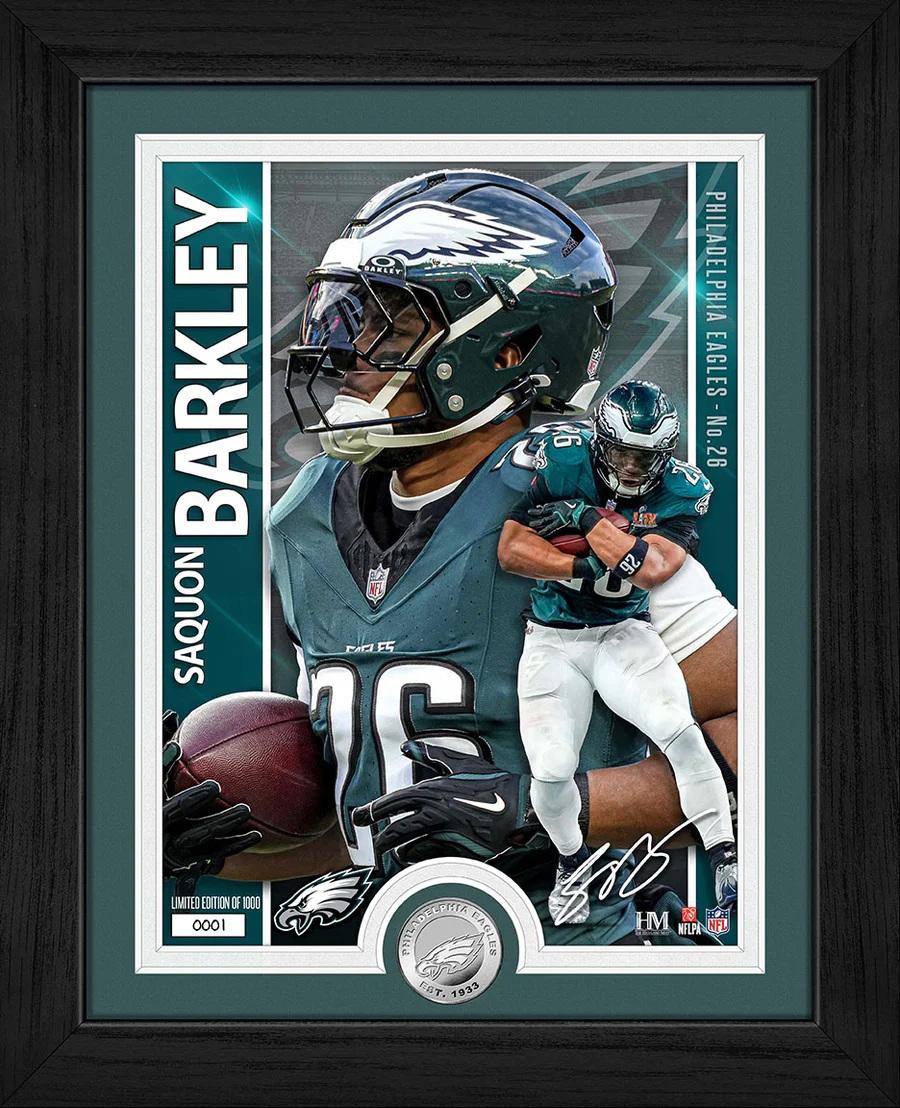 Saquon Barkley Eagles LE Artist Proof Custom Framed Silver Plated Coin Photo Mint at PristineAuction.com Saquon Barkley Eagles LE Artist Proof Custom Framed Silver Plated Coin Photo Mint at PristineAuction.com