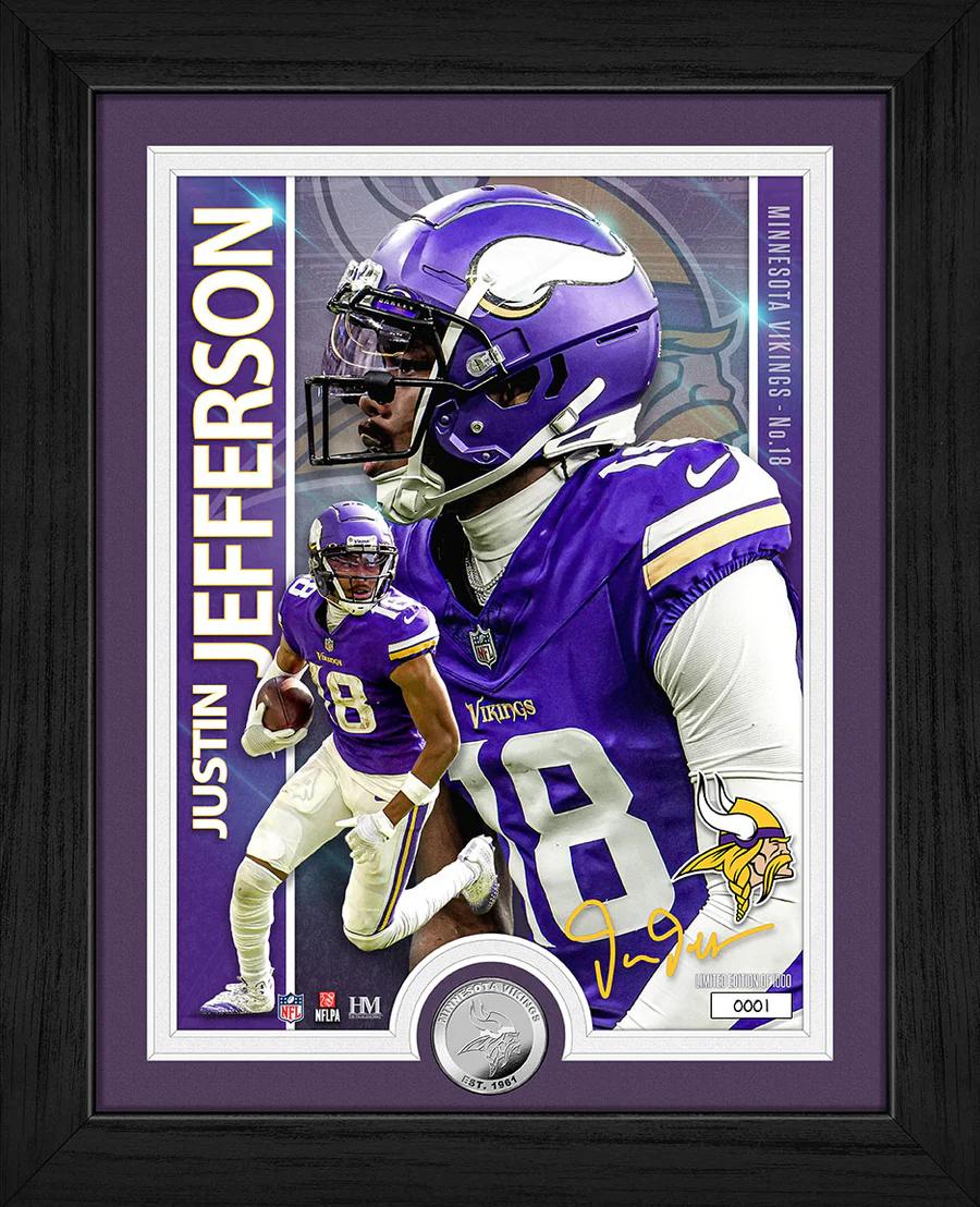 Justin Jefferson Vikings LE Artist Proof Custom Framed Silver Plated Coin Photo Mint at PristineAuction.com Justin Jefferson Vikings LE Artist Proof Custom Framed Silver Plated Coin Photo Mint at PristineAuction.com