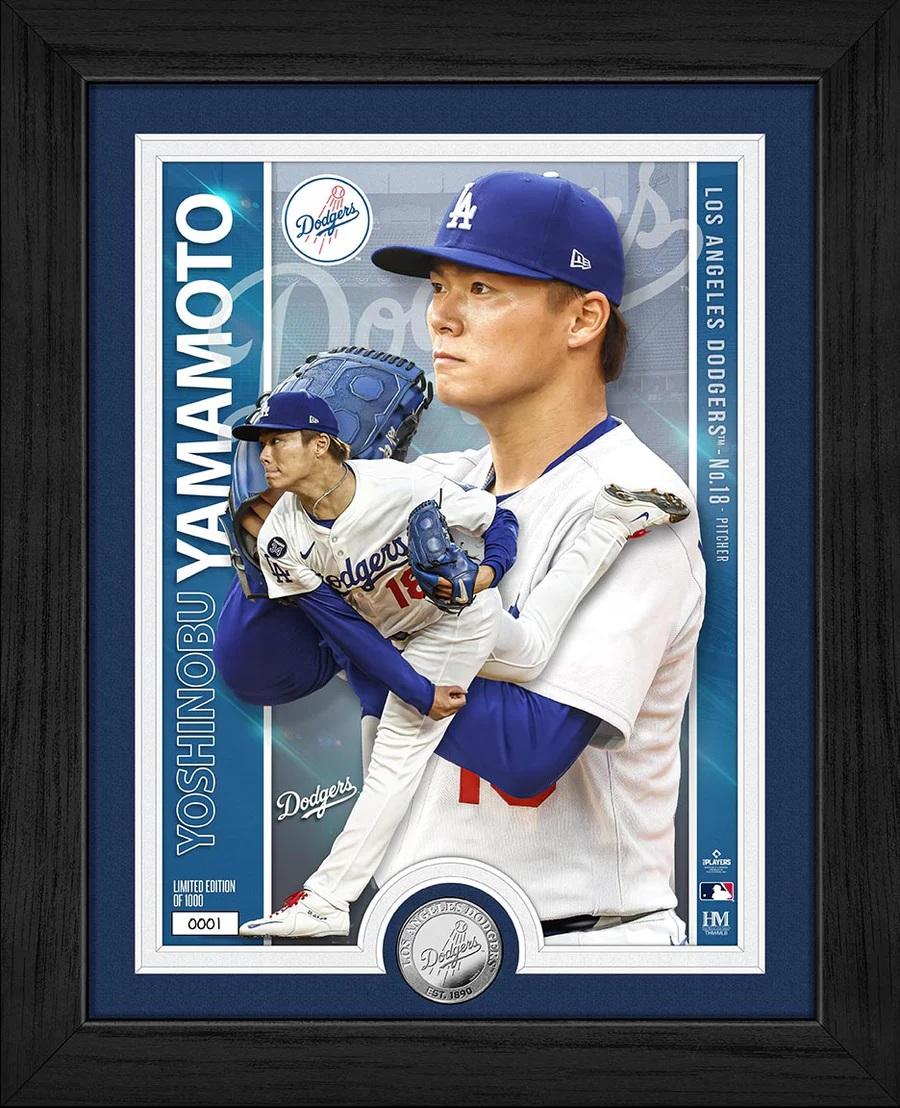 Yoshinobu Yamamoto Dodgers LE Artist Proof Custom Framed Silver Plated Coin Photo Mint at PristineAuction.com Yoshinobu Yamamoto Dodgers LE Artist Proof Custom Framed Silver Plated Coin Photo Mint at PristineAuction.com