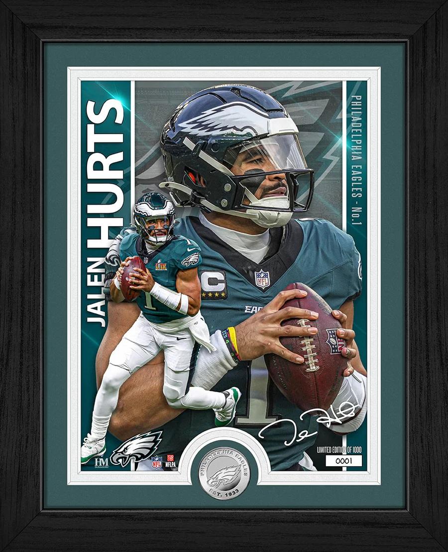 Jalen Hurts Eagles LE Artist Proof Custom Framed Silver Plated Coin Photo Mint at PristineAuction.com Jalen Hurts Eagles LE Artist Proof Custom Framed Silver Plated Coin Photo Mint at PristineAuction.com