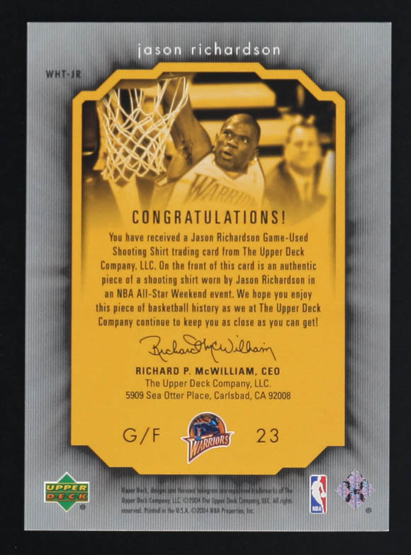 Jason Richardson 2004 Upper Deck Diamond Collection Jersey Memorabilia #WHT-JR at PristineAuction.com Jason Richardson 2004 Upper Deck Diamond Collection Jersey Memorabilia #WHT-JR at PristineAuction.com