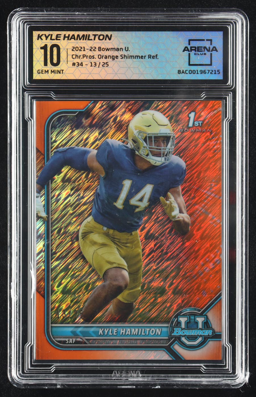 Kyle Hamilton 2022 Bowman University Chrome Autographs Orange Shimmer Refractors #BCPAKH #13/25 RC (AC 10) at PristineAuction.com Kyle Hamilton 2022 Bowman University Chrome Autographs Orange Shimmer Refractors #BCPAKH #13/25 RC (AC 10) at PristineAuction.com