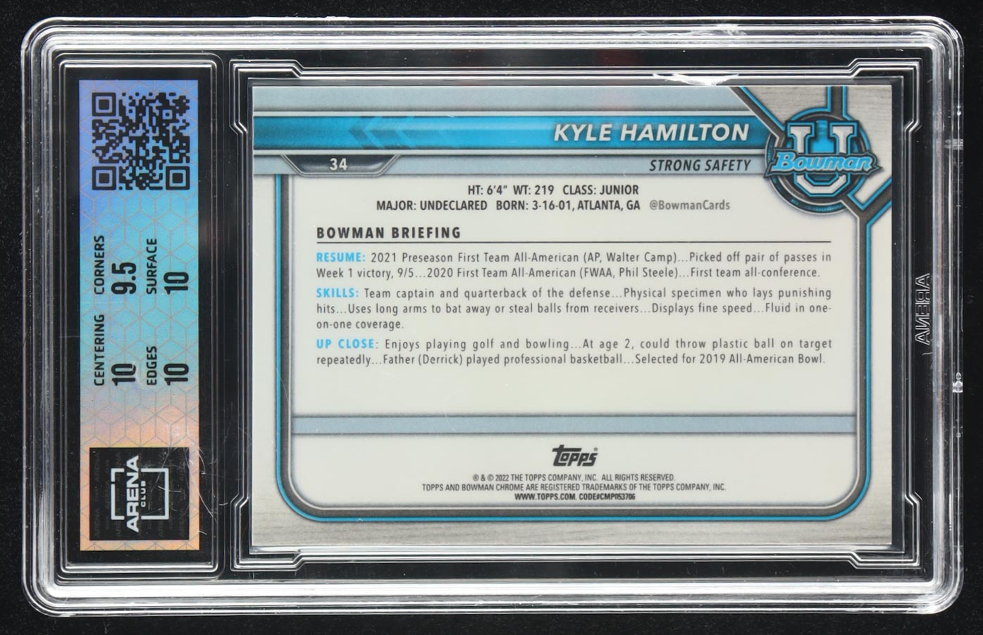 Kyle Hamilton 2022 Bowman University Chrome Autographs Orange Shimmer Refractors #BCPAKH #13/25 RC (AC 10) at PristineAuction.com Kyle Hamilton 2022 Bowman University Chrome Autographs Orange Shimmer Refractors #BCPAKH #13/25 RC (AC 10) at PristineAuction.com