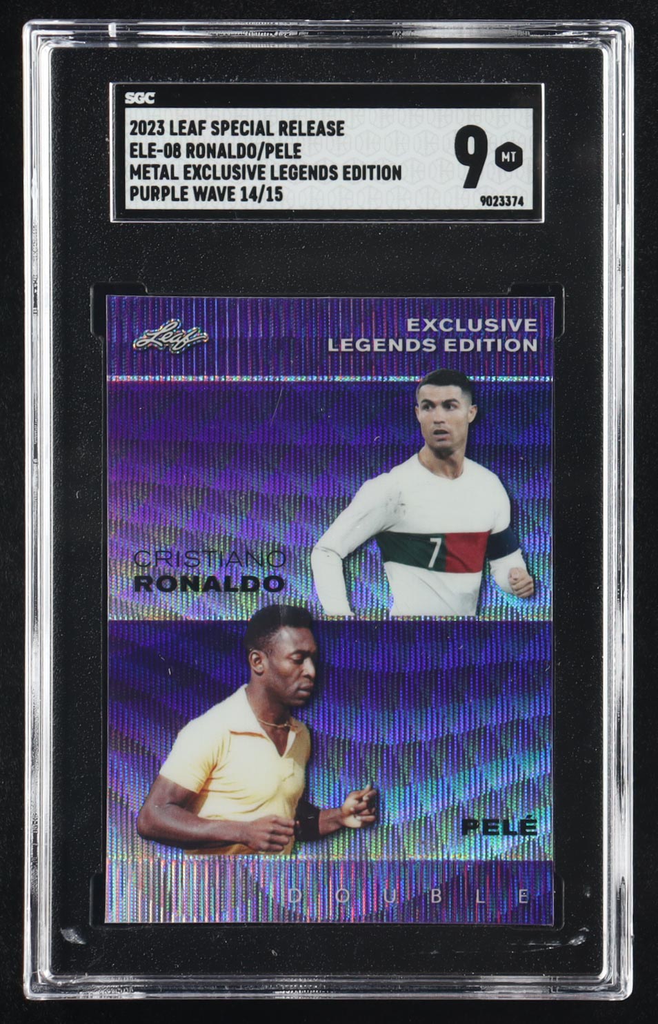 Cristiano Ronaldo / Pelé 2023 Leaf Metal Legends Exclusive Double Purple Wave #ELE08 #14/15 (SGC 9) at PristineAuction.com Cristiano Ronaldo / Pelé 2023 Leaf Metal Legends Exclusive Double Purple Wave #ELE08 #14/15 (SGC 9) at PristineAuction.com